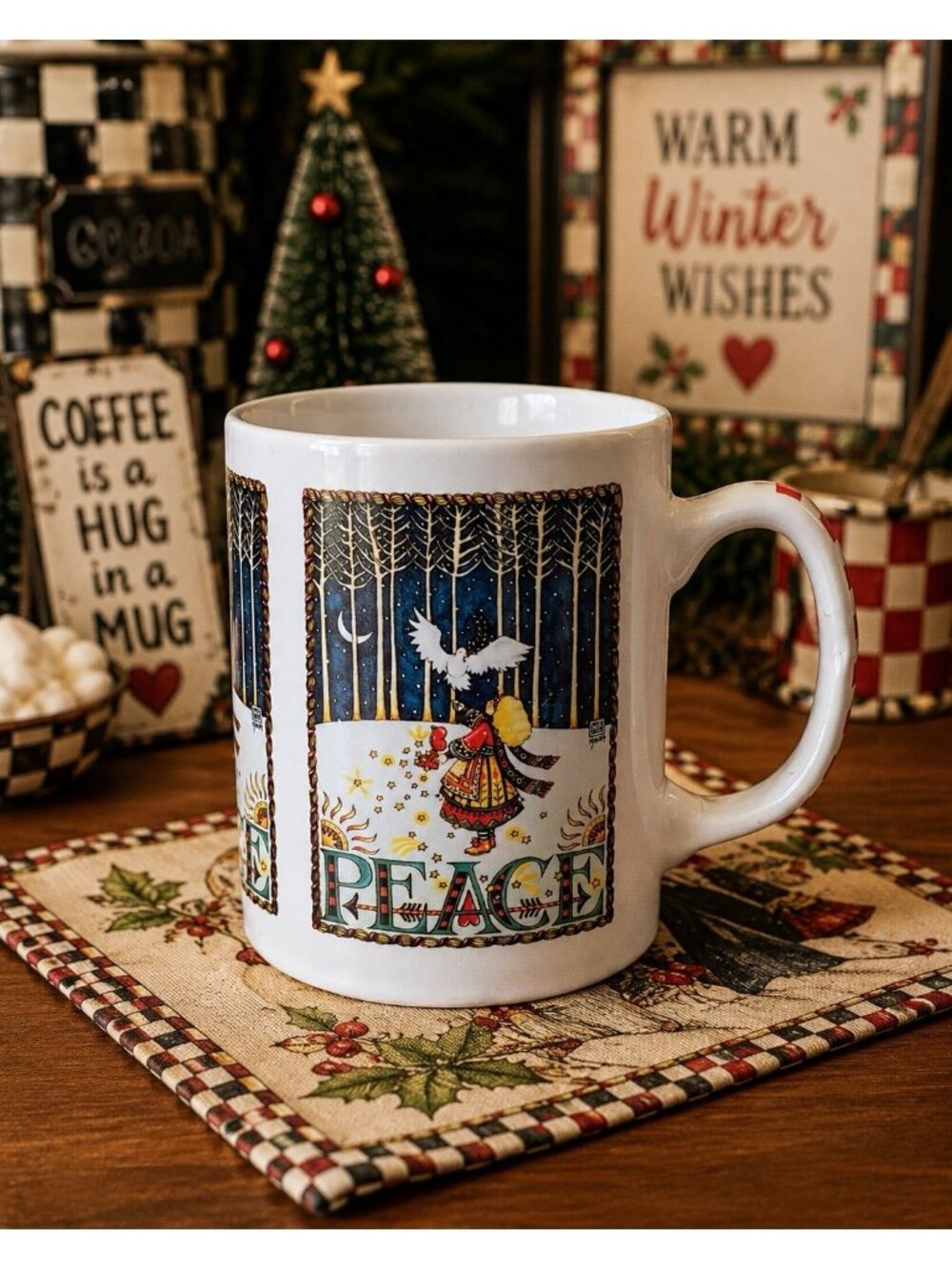 Vintage Mary Engelbreit Mug Peace White Dove Holiday Collectible Coffee Cup